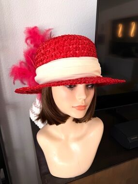Vintage Classic Red Straw Hat with Cream Band